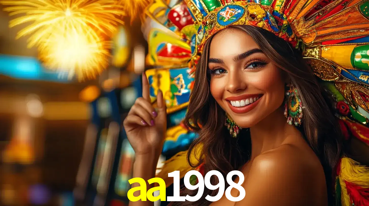 Mulher sorridente com um cocar de carnaval vibrante e colorido, celebrando uma grande vitória nos jogos do cassino aa1998 com fogos de artifício ao fundo.