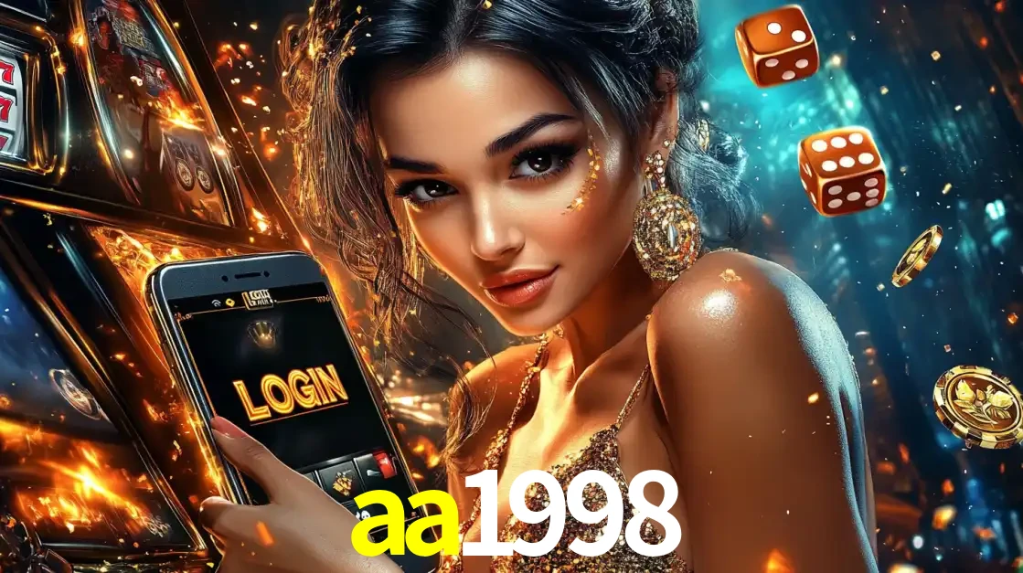 Mulher glamourosa segurando um celular com a tela de login do cassino aa1998, rodeada por dados e moedas douradas, pronta para começar a diversão.