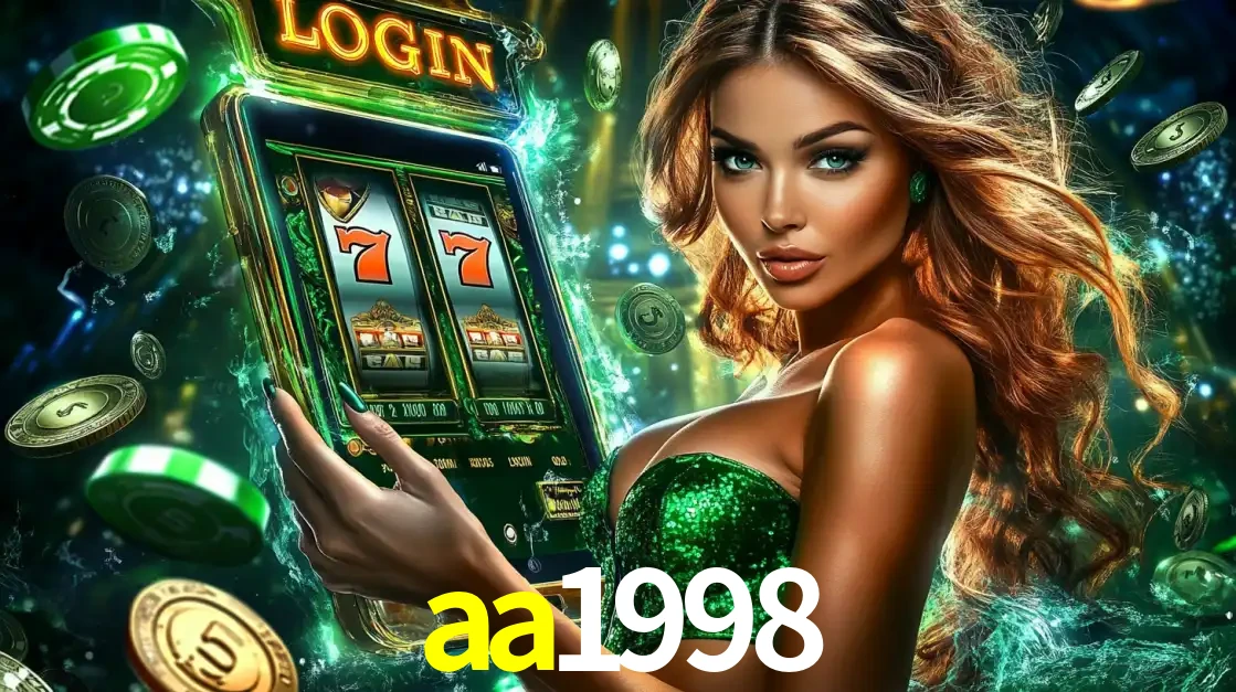 Mulher com tema verde apresentando o aplicativo do cassino aa1998 com um jogo de slot de 777, cercada por fichas de cassino e uma aura de sorte.