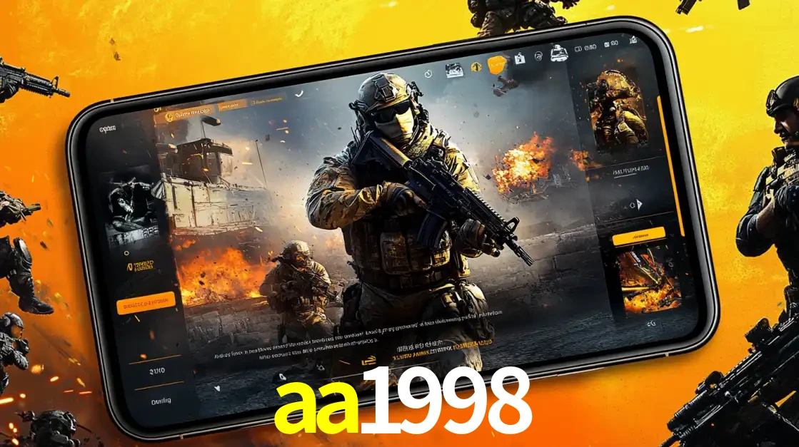 Um smartphone exibindo a interface de um jogo de tiro em primeira pessoa, com um soldado em um cenário de batalha, representando a ação dos e-sports para apostar no aa1998.
