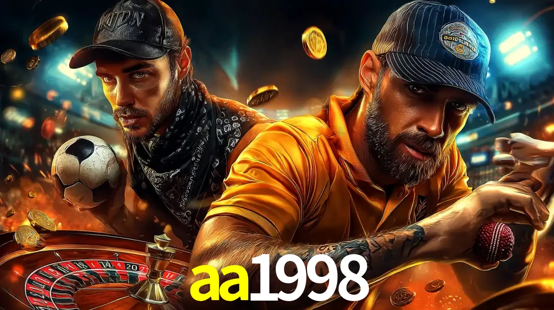 Montagem de apostas esportivas e cassino no aa1998, com um homem segurando uma bola de futebol e outro uma de beisebol sobre uma roleta e moedas voadoras.