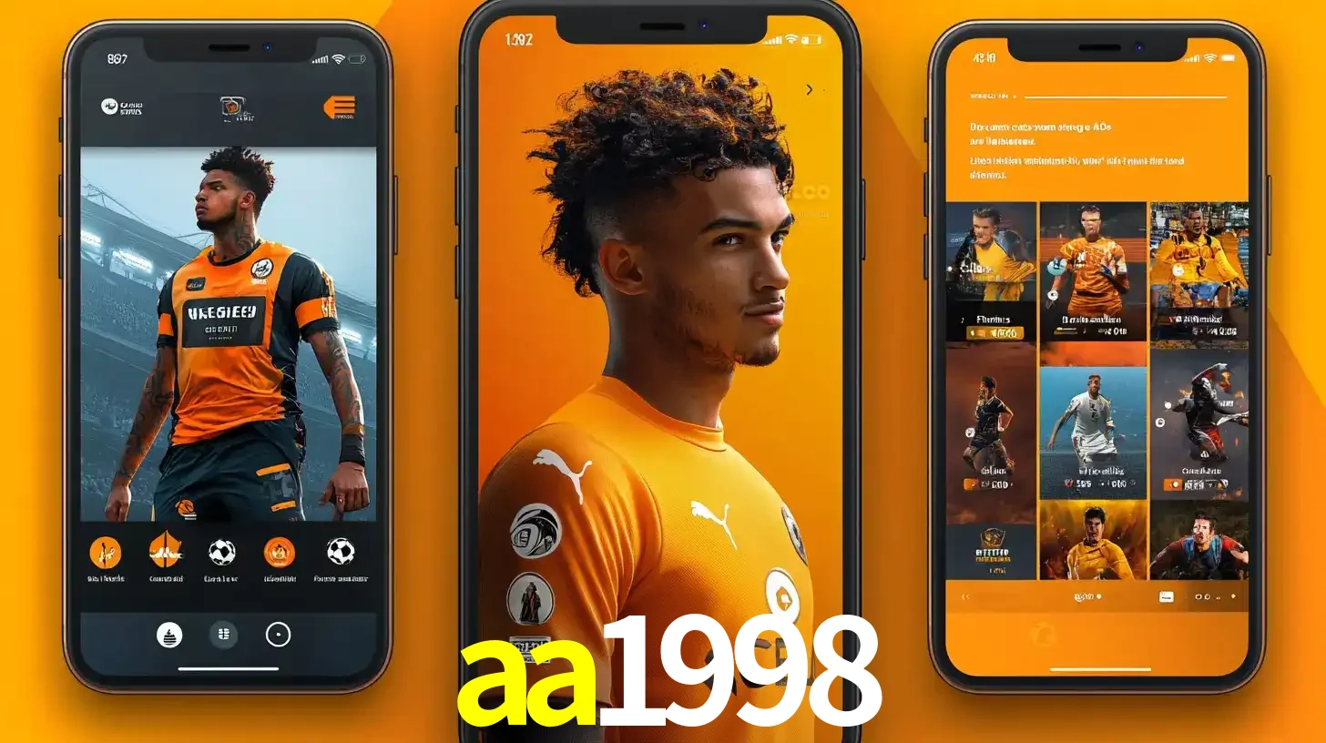 Interface do aplicativo de apostas esportivas aa1998 em três telas de celular, mostrando o perfil de um jogador de futebol e a lista de jogos disponíveis para apostar.
