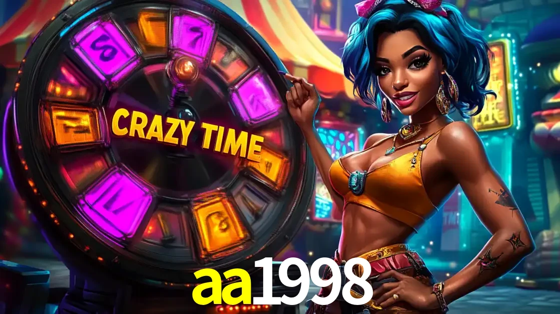 Mulher estilizada com cabelo azul e visual vibrante posando ao lado da roda de prêmios do game show Crazy Time, convidando para a diversão e os bônus do cassino aa1998.