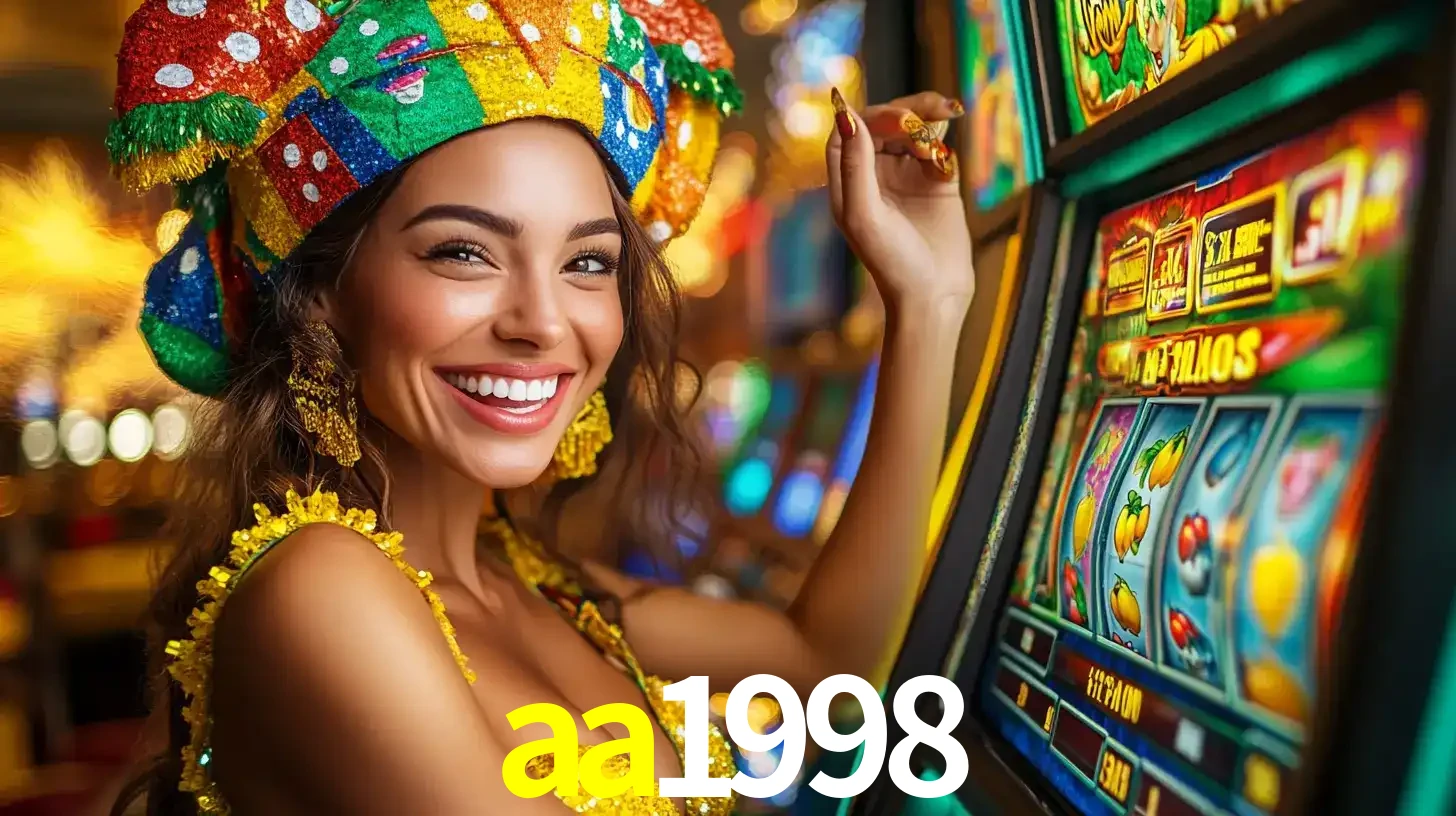 Mulher feliz com traje de carnaval amarelo e colorido ao lado de uma máquina de caça-níqueis, aproveitando a diversão e os jogos temáticos do cassino aa1998.