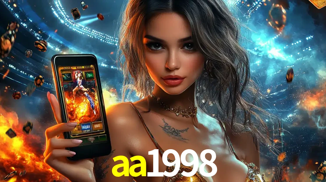 Mulher segurando um celular com um jogo de slot em destaque, tendo como fundo um estádio vibrante, simbolizando a emoção de jogar no cassino móvel aa1998.