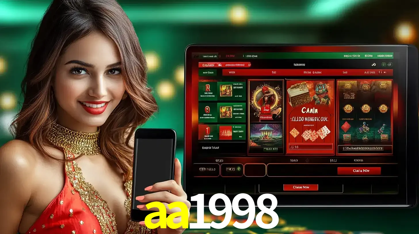 Mulher sorridente segurando um smartphone, ao lado de uma tela exibindo o lobby de jogos do cassino online aa1998, com várias opções de jogos de cartas e slots.